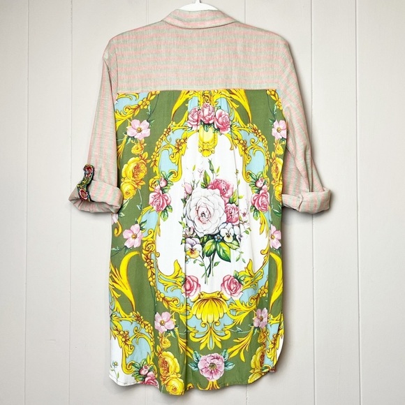 Aratta Silent Journey Button Up Tunic Shirt XS boho floral top stripes beaded - Picture 6 of 14